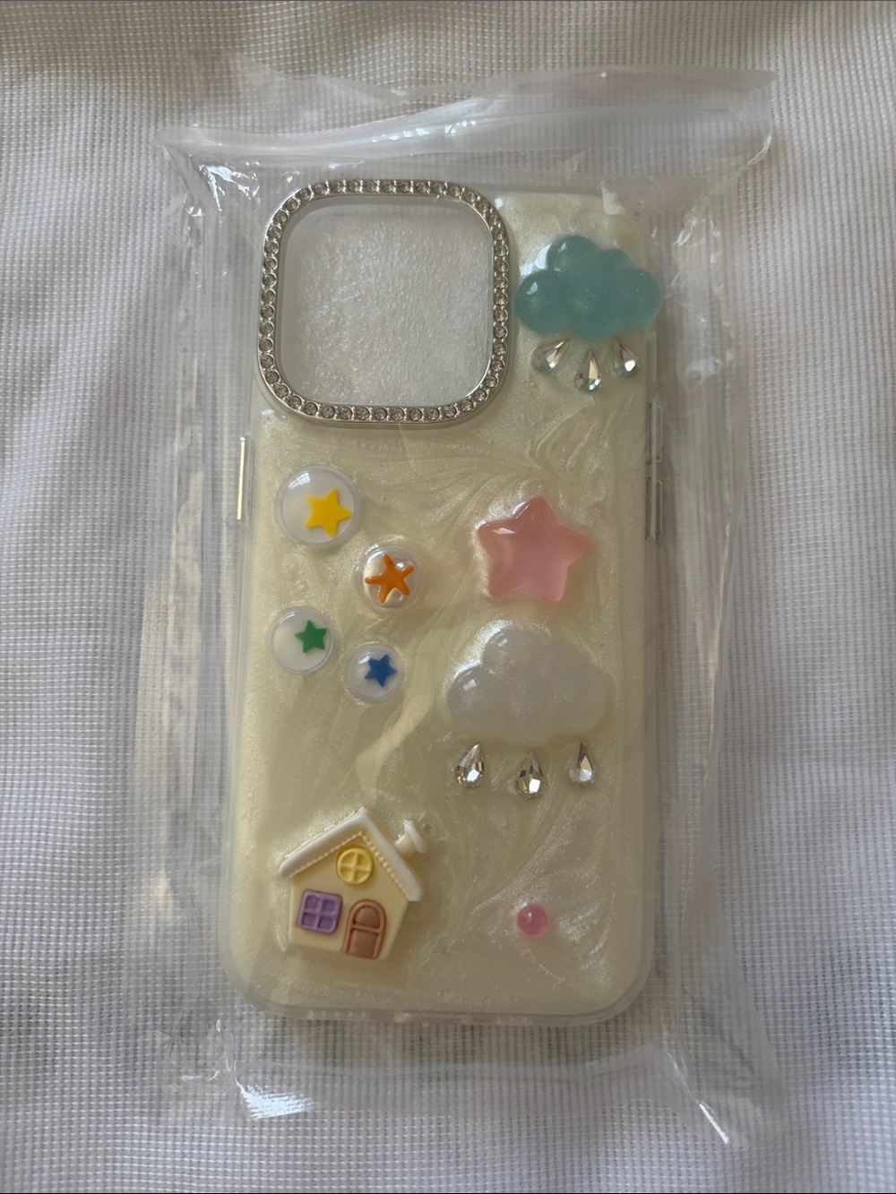 Pearlescent Cream Cloud & Star Decorative iPhone Case with Rhinestone Camera